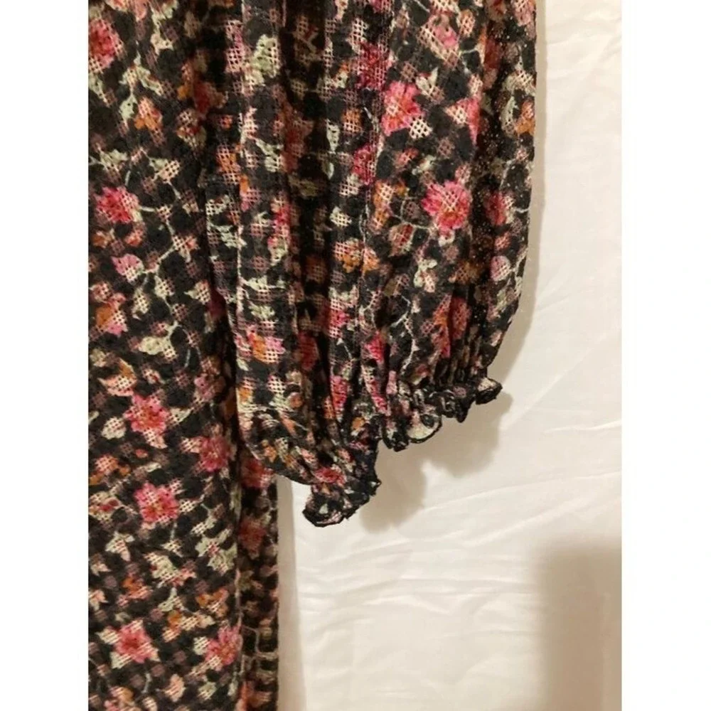 Free People Floral Mesh Blouse Womens Size Medium Black Pink Boho Core 90s Magic
